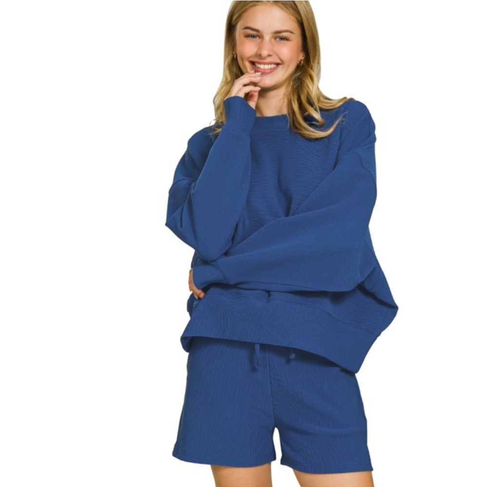 Zenana Ribbed Round Neck Pullover Shorts Set Light Navy